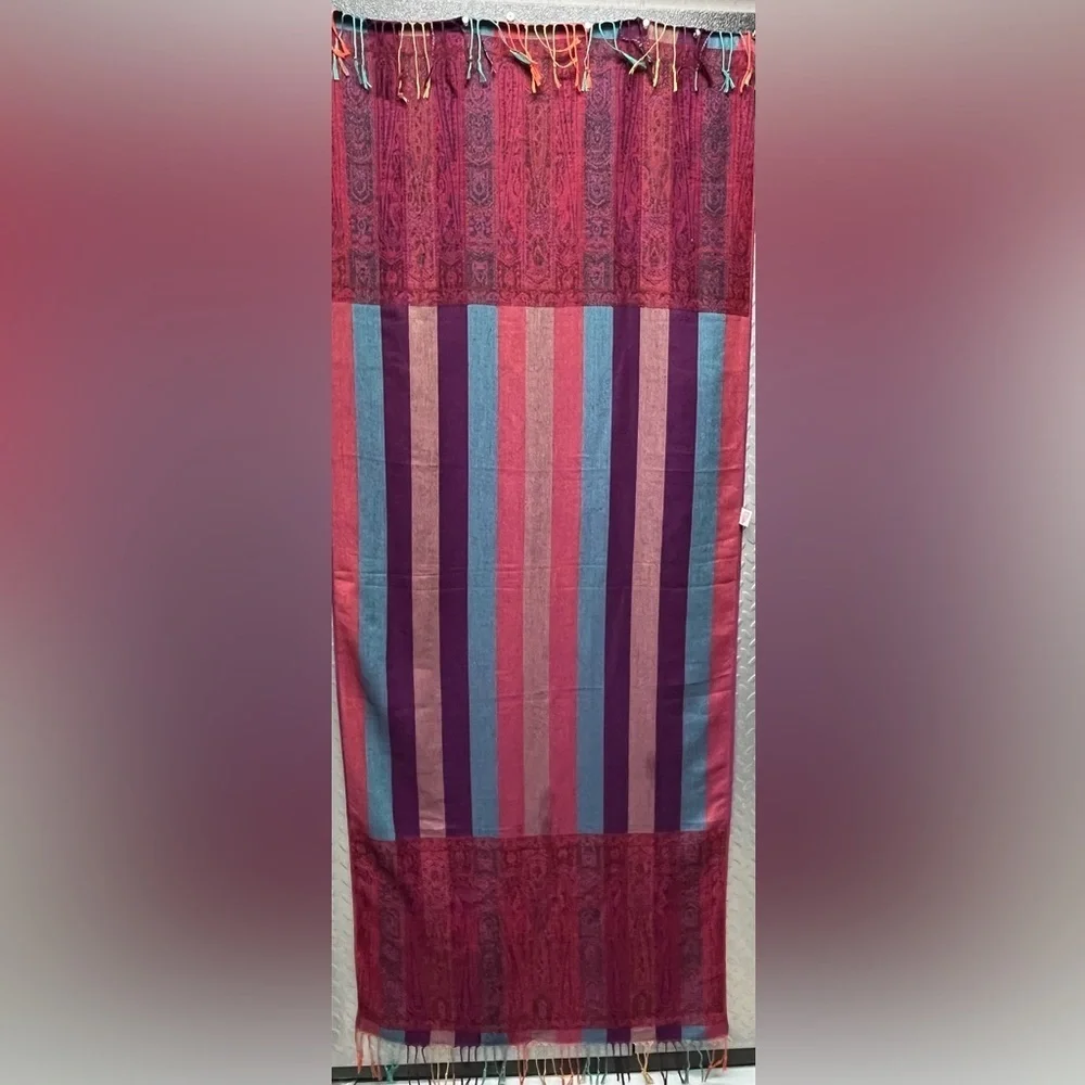 Vintage Colorful Woven Shawl Wrap Scarf Purple Orange Aqua 27” x 68”